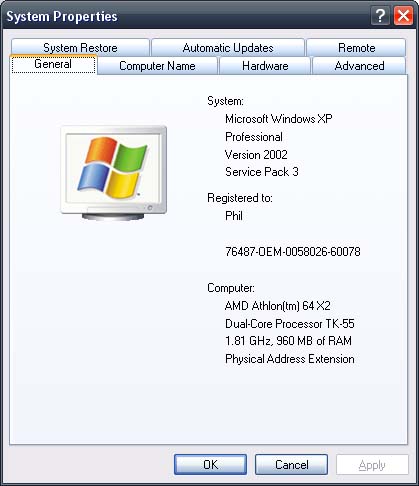 Windows XP System Properties